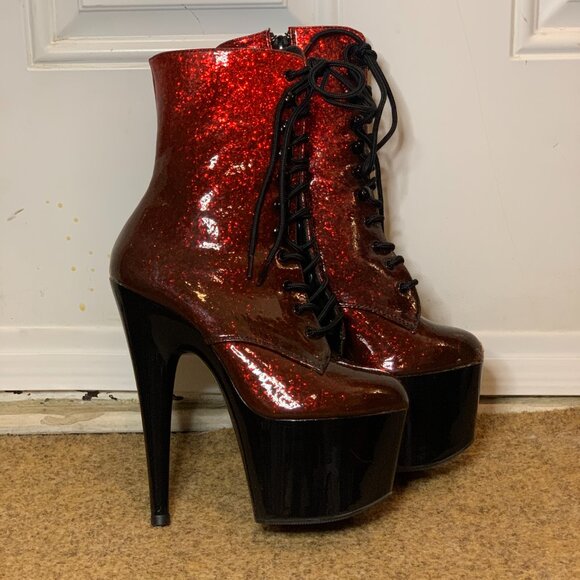 Pleaser ADORE Red Glitter Patented Ombre 7" Platform Stiletto Heel Lace Up Boots - Picture 11 of 16